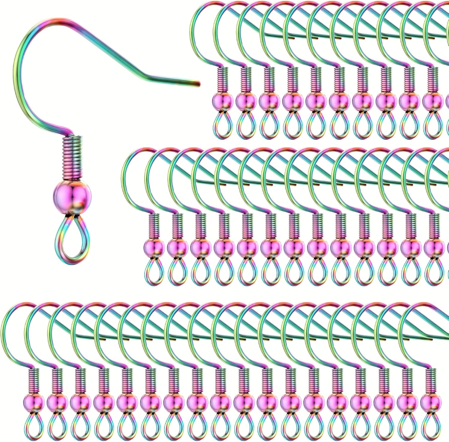 50PCS Rainbow Stainless Steel Earring Hooks, Fish Hook Ear Wires with Ball & Coil, Iridescent Earring Hooks for DIY Jewelry Making Supplies