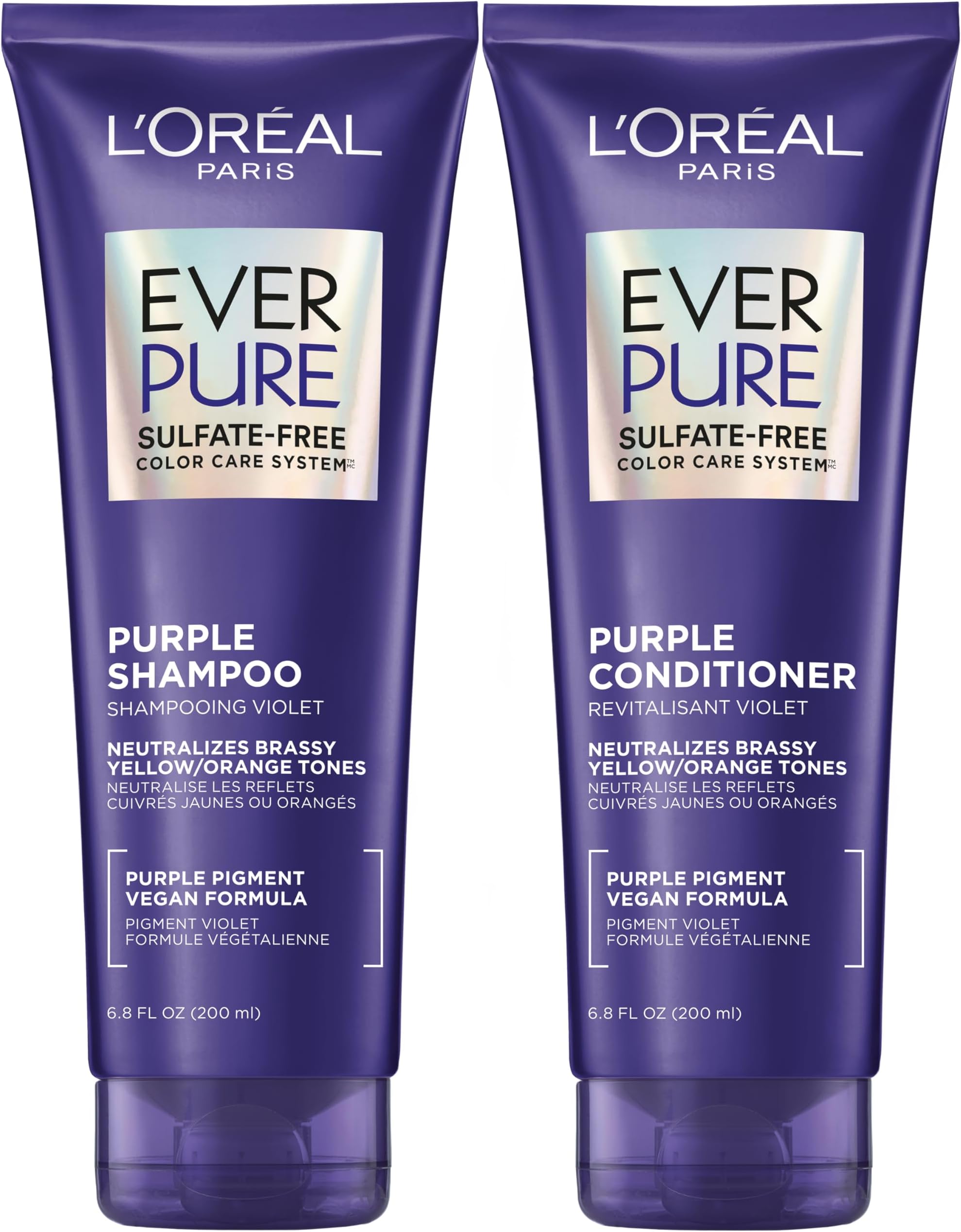 L’Oreal Paris EverPure Sulfate Free Brass Toning Purple Shampoo and Conditioner Set for Blonde, Bleached, Silver, or Brown Highlighted Hair, 1 Kit
