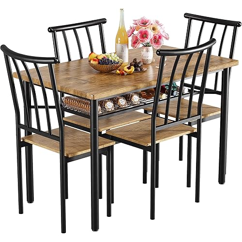 IDEALHOUSE 5 Piece Dining Table Set for 4, Kitchen Table and Chairs for 4 with Storage Rack, Metal and Wood Rectangular Dining Room Table Set for Kitchen, Dining Room, Dinette, Rustic Brown