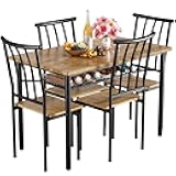 5-Piece Metal and Wood Indoor Modern Rectangular Dining Table Furniture Set, Farmhouse Kitchen Table with Storage Rack and 4 Chairs, Dinette for Small Space, Apartment, Kitchen, Dining Room, Dinette