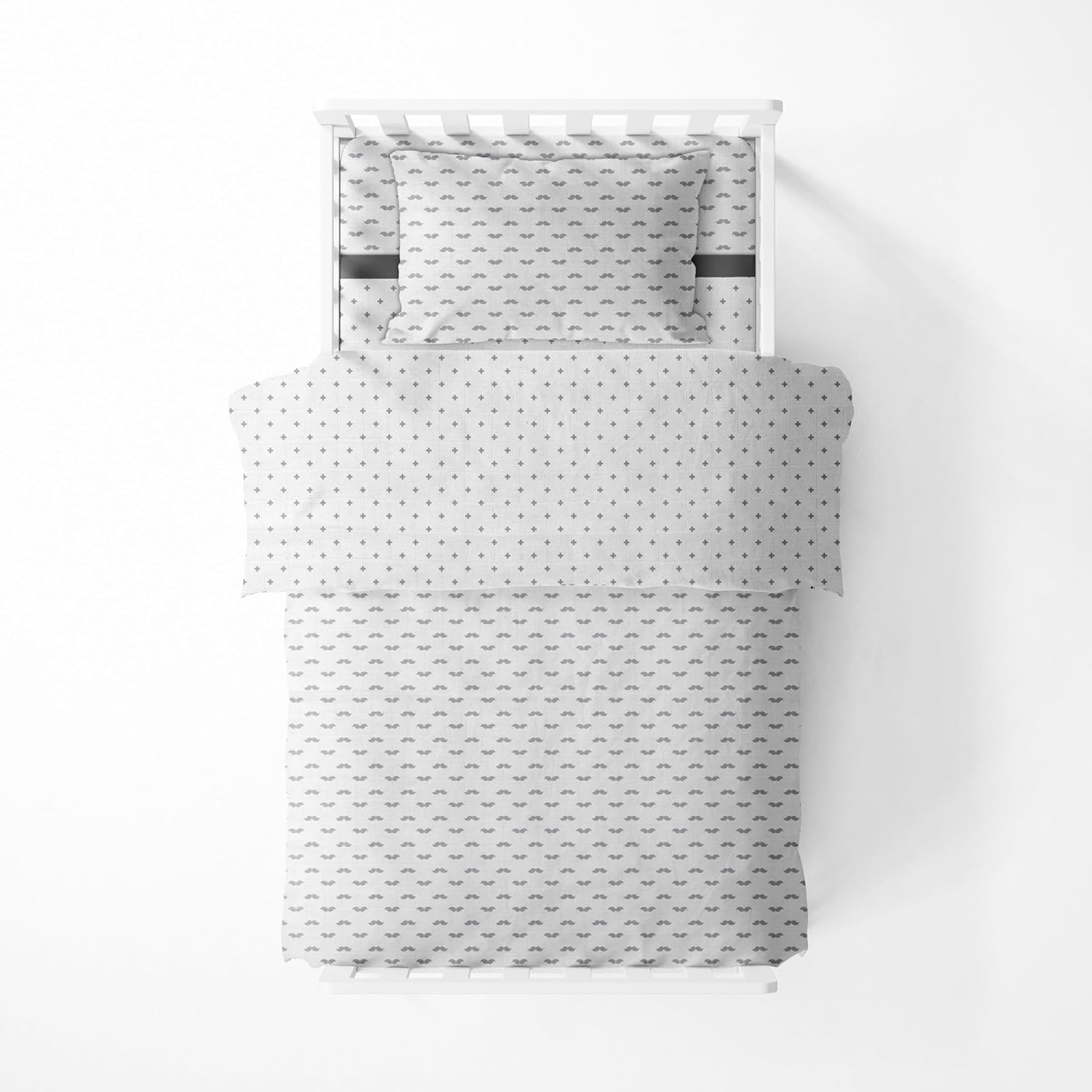 Bacati - Aztec Love Muslin 4 Piece Neutral Toddler Bedding Set Includes Reversible Comforter, Fitted Sheet, Top Sheet, and Pillow Case (4 pc Toddler Bedding Set, Grey Plus/Cross/Mustache)