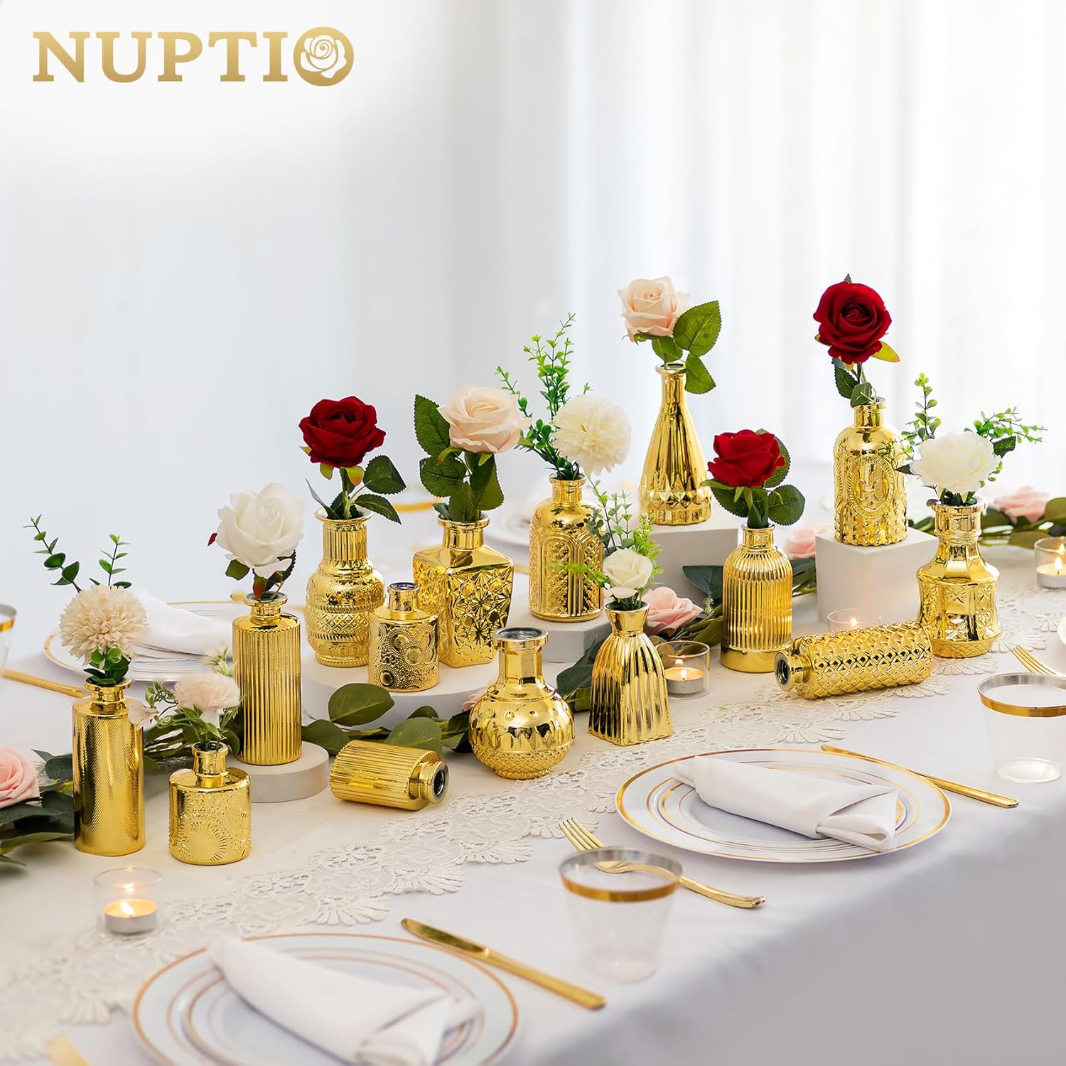 NUPTIO Bud Vases Bulk Gold: 30 Pcs Glass Small Vase Set for Flowers - Mini Vintage Flower Bottle Single Assorted Vases for Wedding Centerpieces