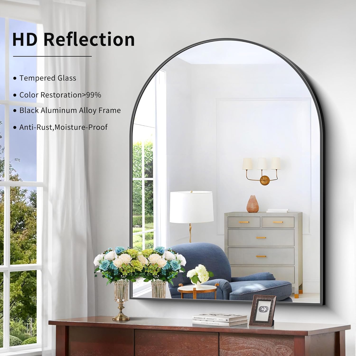 COFENY Arched Bathroom Mirror, 36x48IN Black Bathroom Mirror with Metal Frame, Wide Wall Mounted Mirrors Decor Modern Dresser Mirror for Bedroom Living Room Entryway