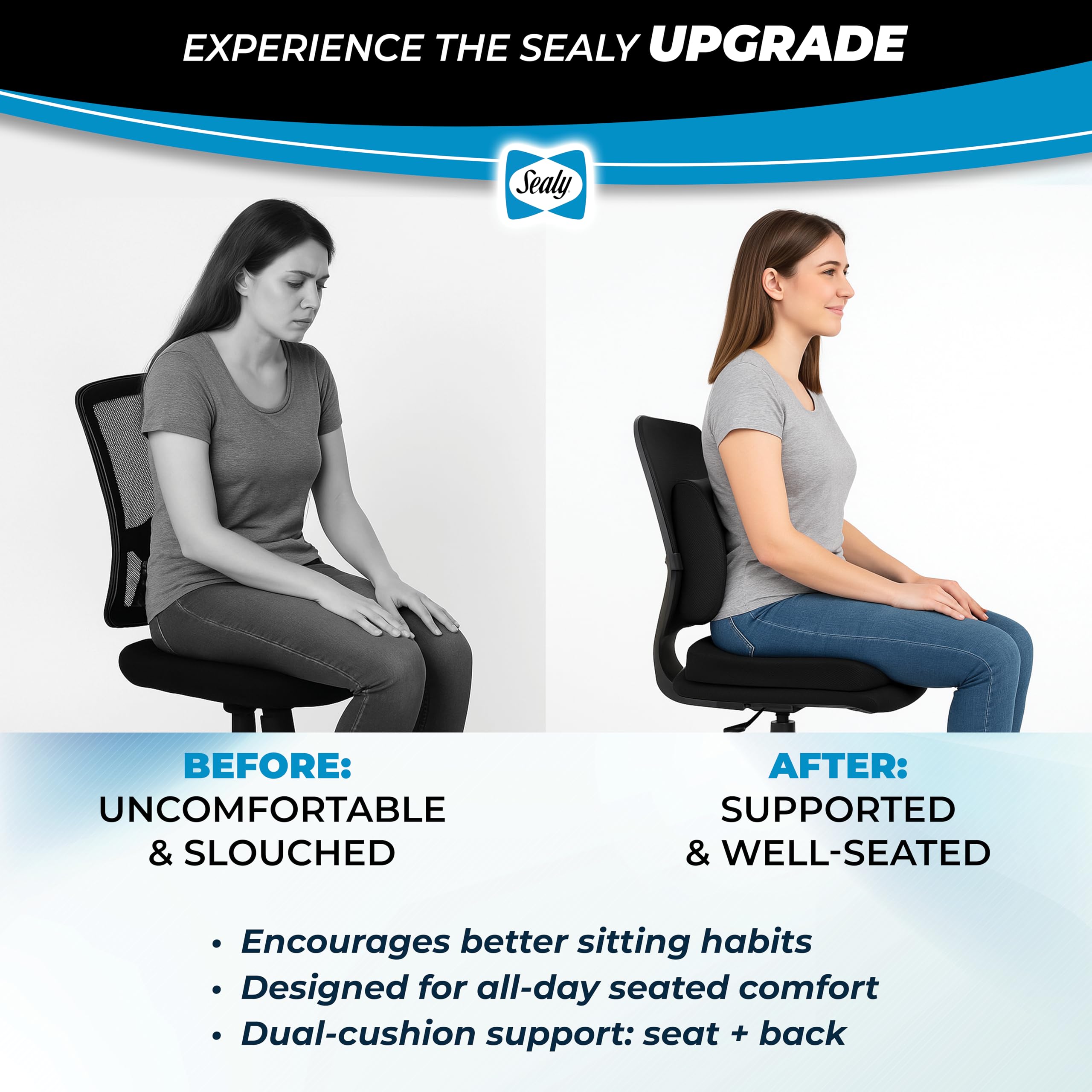 Sealy, Juego de 2 cojines, mejora tu experiencia de asiento con la máxima comodidad y apoyo para el hogar, la oficina y el coche, funda lavable, malla transpirable, espuma viscoelástica de alta