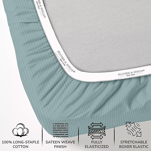 Miniatura 2 de Feather & Stitch - Sábana bajera ajustable de 100 % algodón, tejido satinado de damasco, transpirable a rayas, sábana elástica para colchón de 18