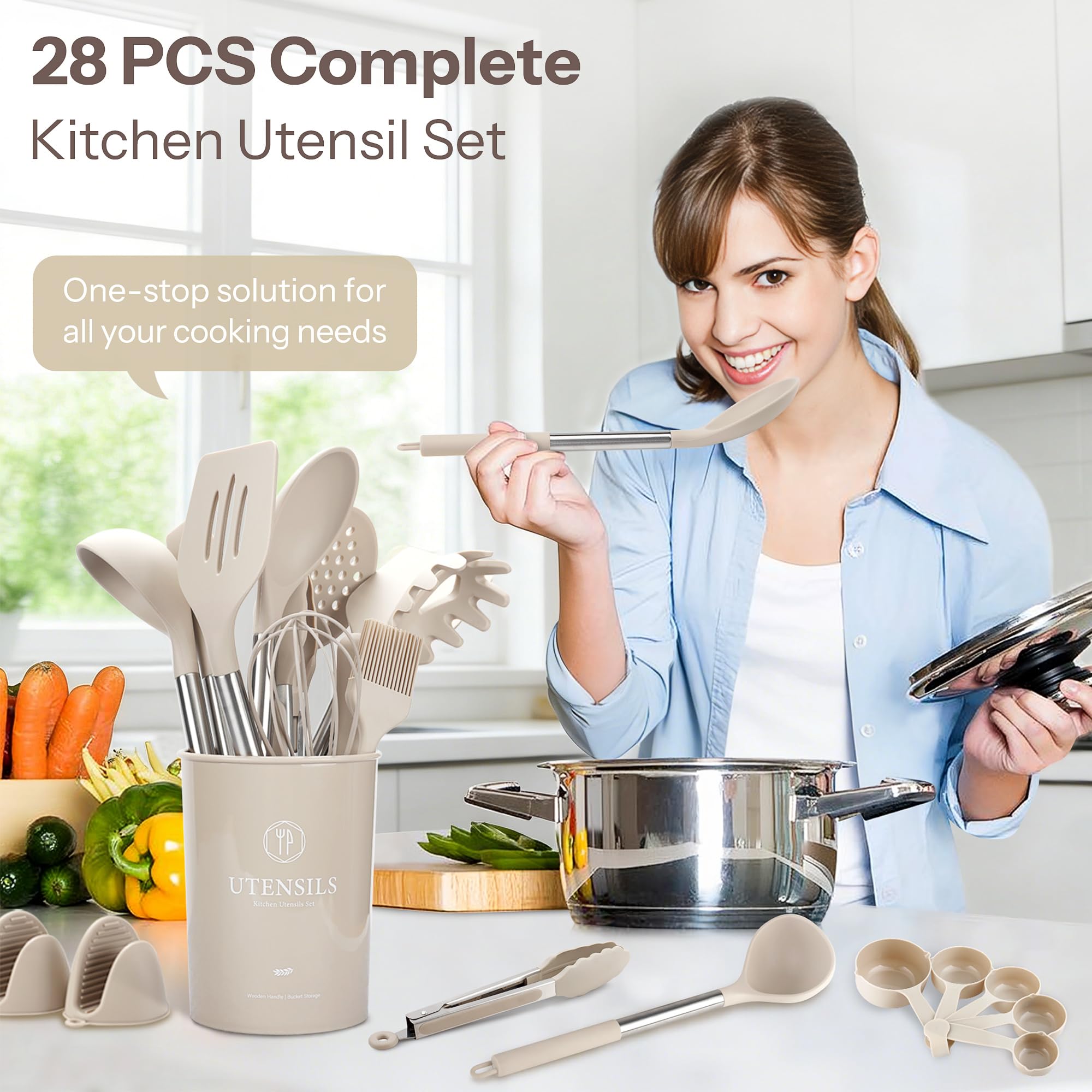 NCUE Silikon-Kochutensilien-Set, 28-teiliges Küchenutensilien-Set, 230 °C, hitzebeständiges Pfannenwender-Set, lebensmittelechtes Silikon und Edelstahlgriff, Küchenhelfer für antihaftbeschichtetes