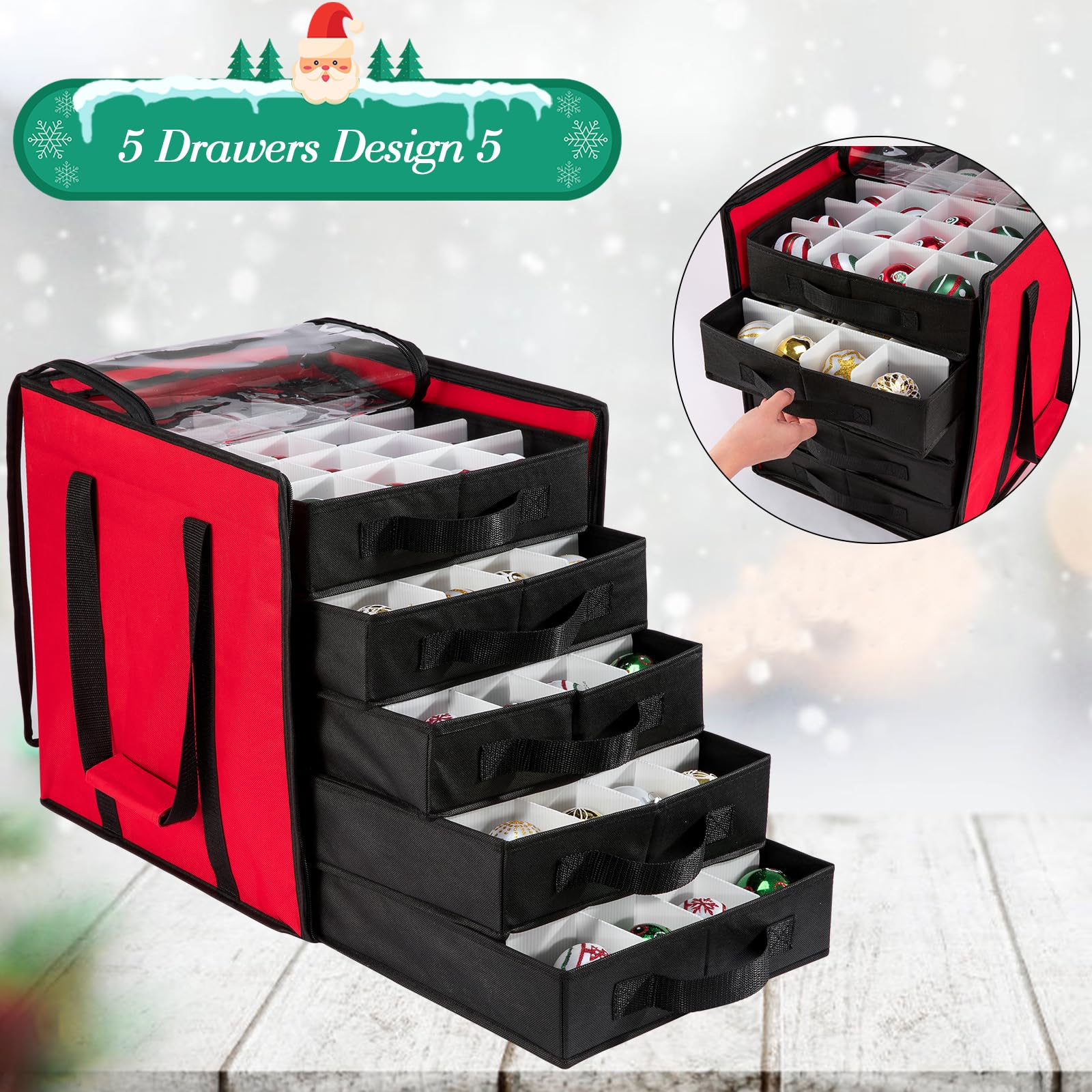 Aufbewahrungsbehälter für Weihnachtsdekoration, mit 5 Schubladen, Trennwänden, großer Organizer, einfacher Zugriff, verstellbare Fächer für Weihnachtskugeln, Figuren