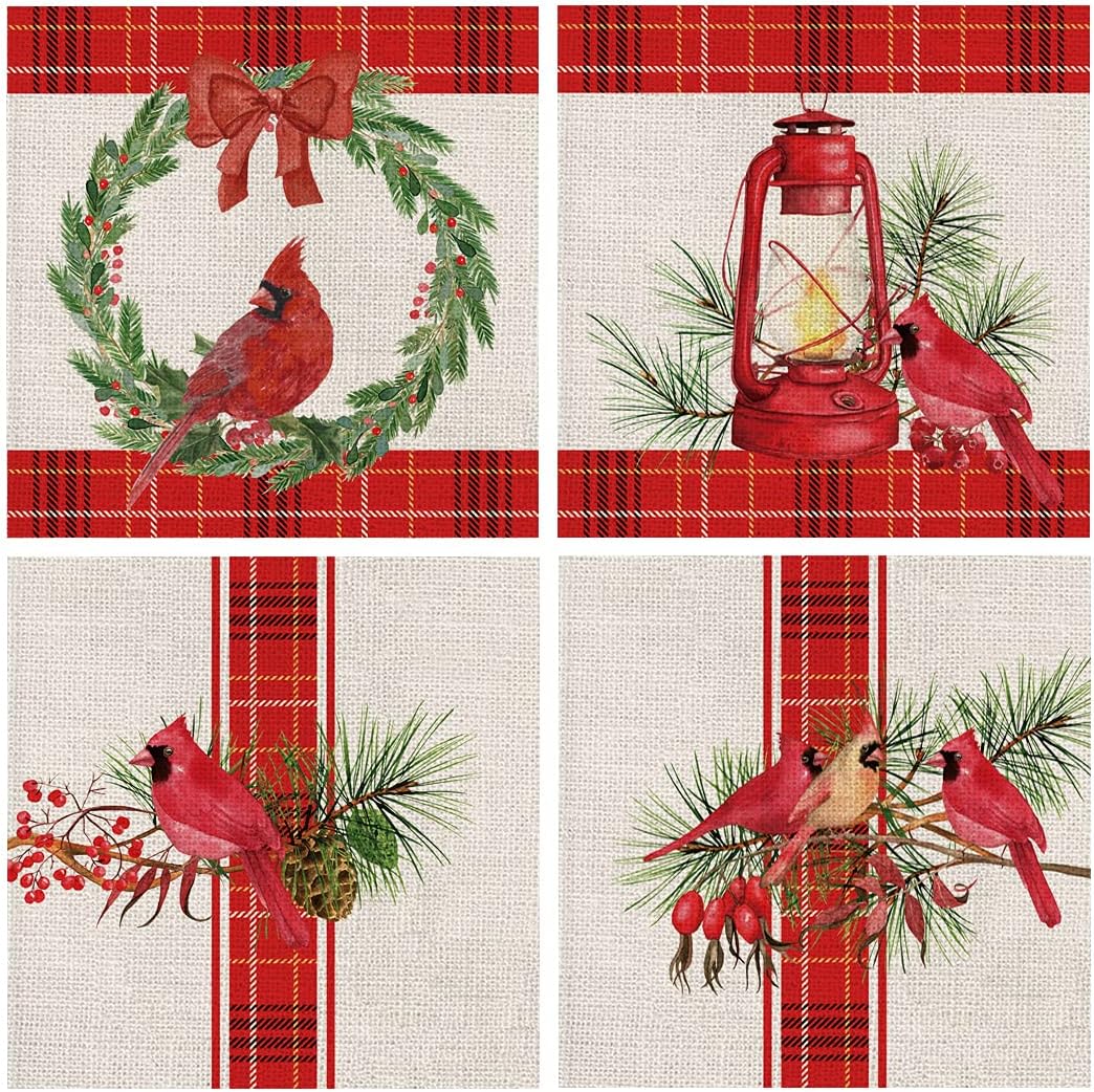 GAGEC Christmas Pillow Covers Set of 4 Christmas Cardinal Red Buffalo Check Farmhouse Throw Pillowcase Party Decorations Winter Home Decor Case for Sofa Couch