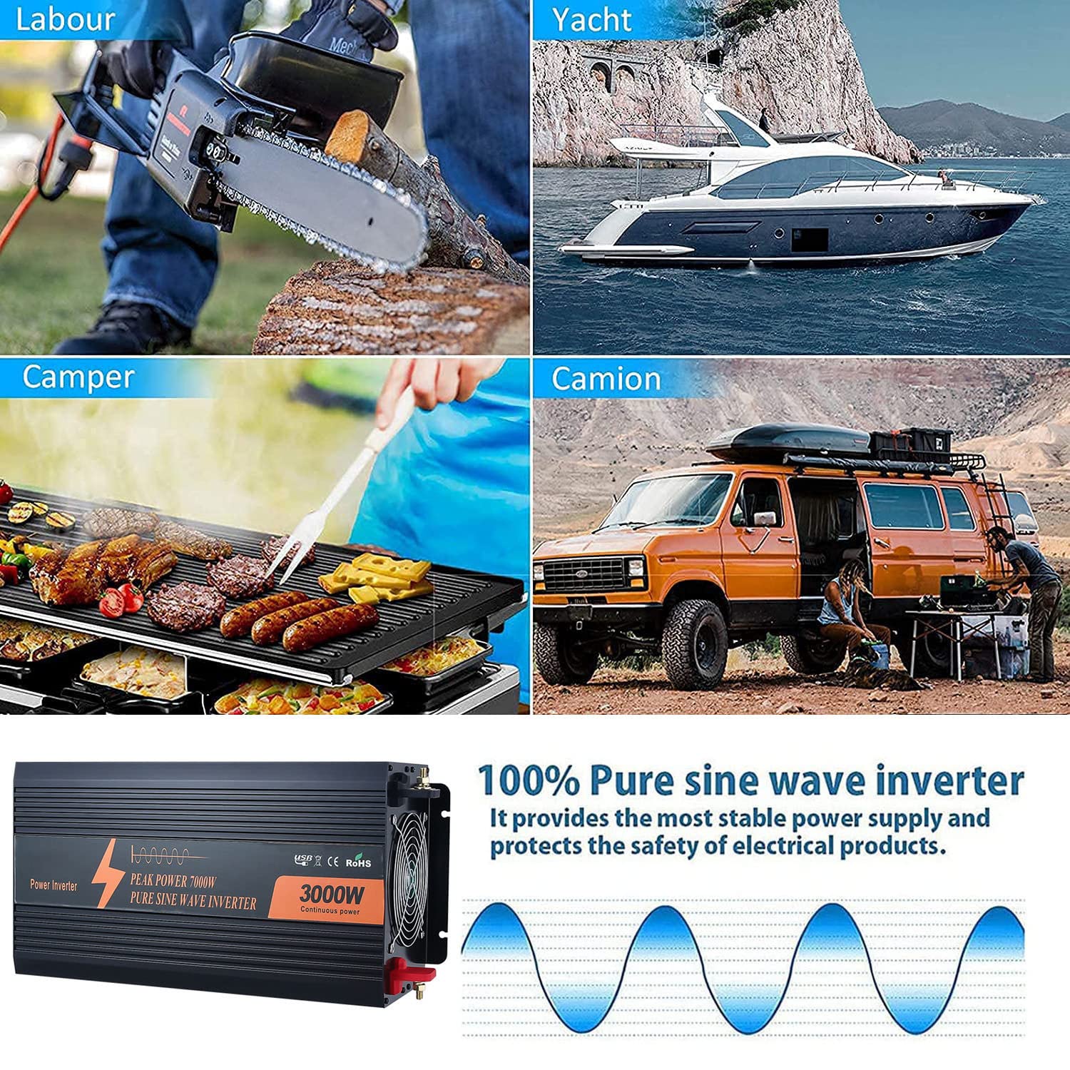 1000 W 2000 W 3000 W 4000 W 5000 W (moc znamionowa) Przetwornica czystej fali sinusoidalnej 12 V/24 V DC na 110 V/220 V AC do domu, kampera, falownika słonecznego z wyświetlaczem LCD 2 gniazda AC, 2