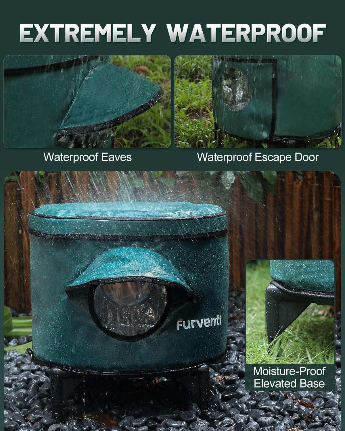 Heated Cat House for Outside,Metal Frame,Barrel Design,Extremely Weatherproof & Insulated in Winter,Elevated Outdoor Cat Shelter with Eaves & Escape Door for Feral Stray Barn Cat(Blackish Green,Small)