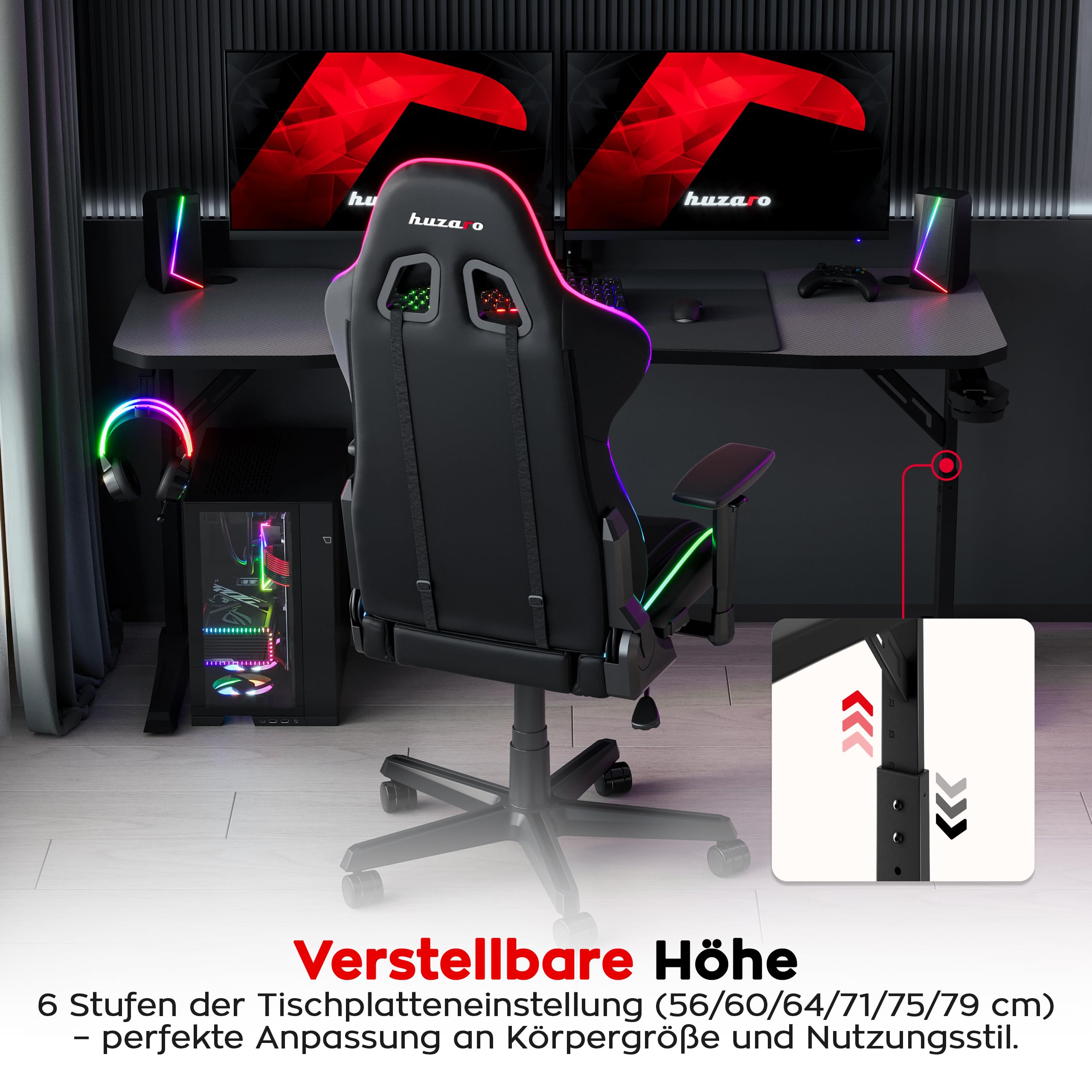 huzaro Hero 4.6 Gaming Tisch höhenverstellbar, Schreibtisch 160x60 cm | mit Carbon Oberfläche, Kabelmanagement, Getränkehalter & Kopfhörerhalter, PC Tisch Büro Home Office, Schwarz