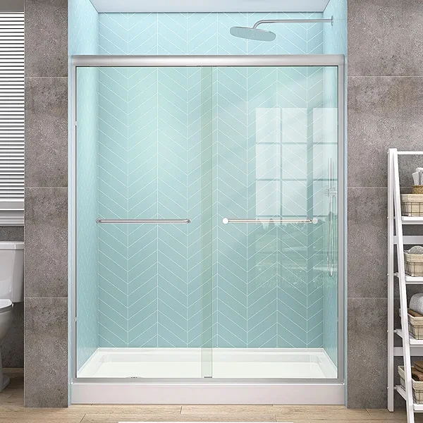 GETPRO Semi-Frameless Shower Door Double Sliding 57-60 in. W x 72 in. H Bypasss Bathroom Glass Shower Sliding Doors,1/4 inch Clear Tempered Glass Door for Walk-in Shower Brushed Nickel