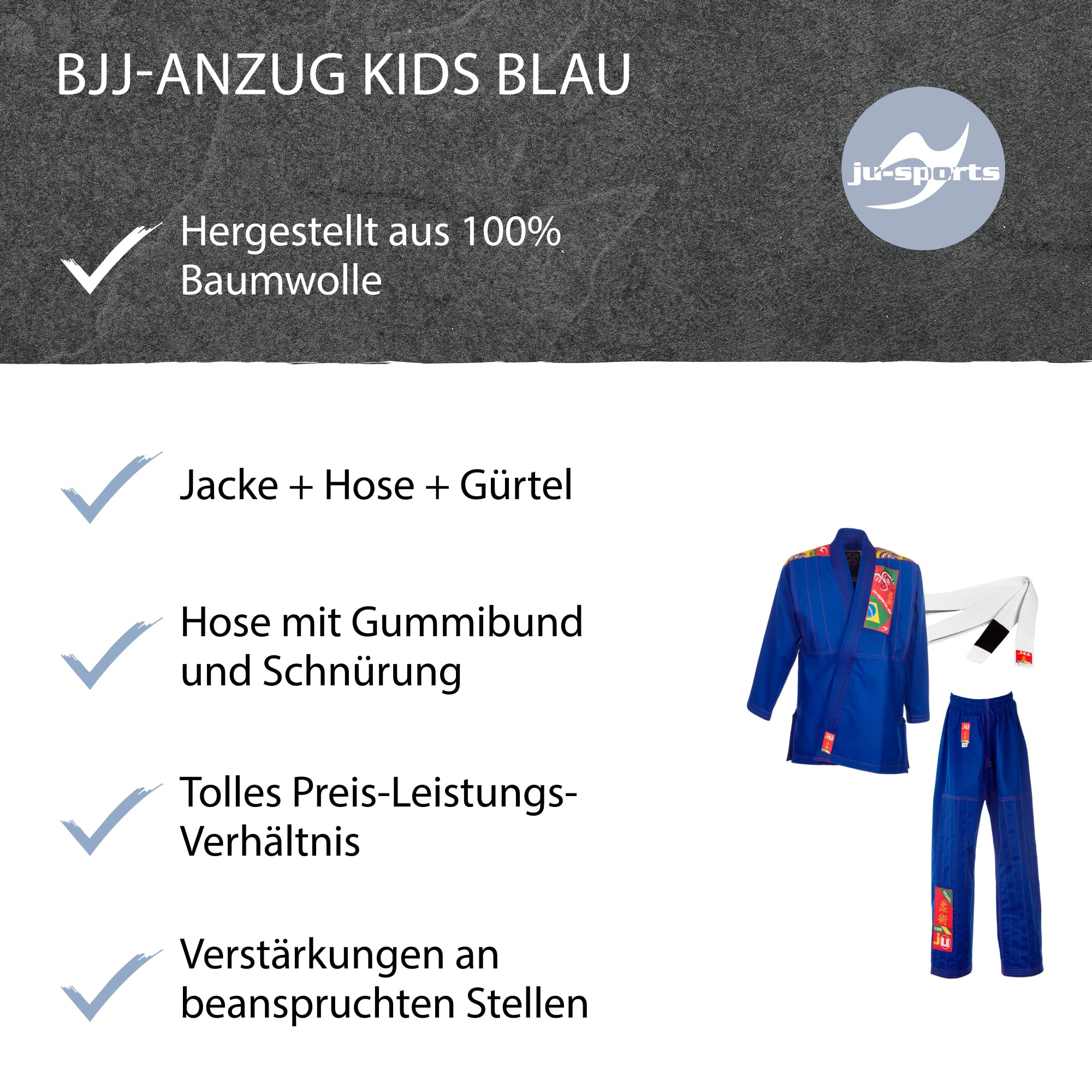 Ju-Sports BJJ Anzug Kids Blau I Leichter, schlanker Brazilian Jujutsu Anzug speziell für Kinder I BJJ Gi im bunten Design I Inkl. weißem Gurt I 100% Baumwolle