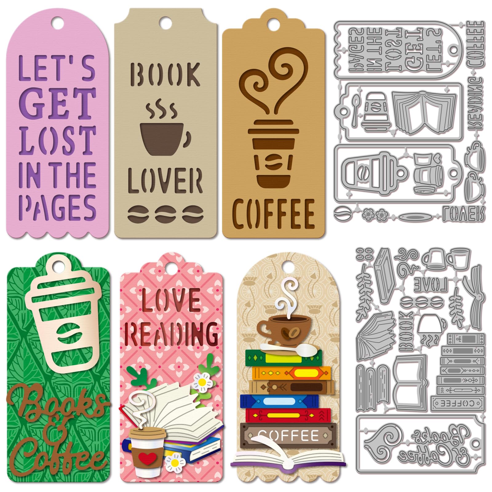 GLOBLELAND Coffee Reading Hollow Bookmark Cutting Dies Books Coffee Metal Die Cuts Label Frame Cutting Embossing Templates for Scrapbooking Crafts Paper Cards Making