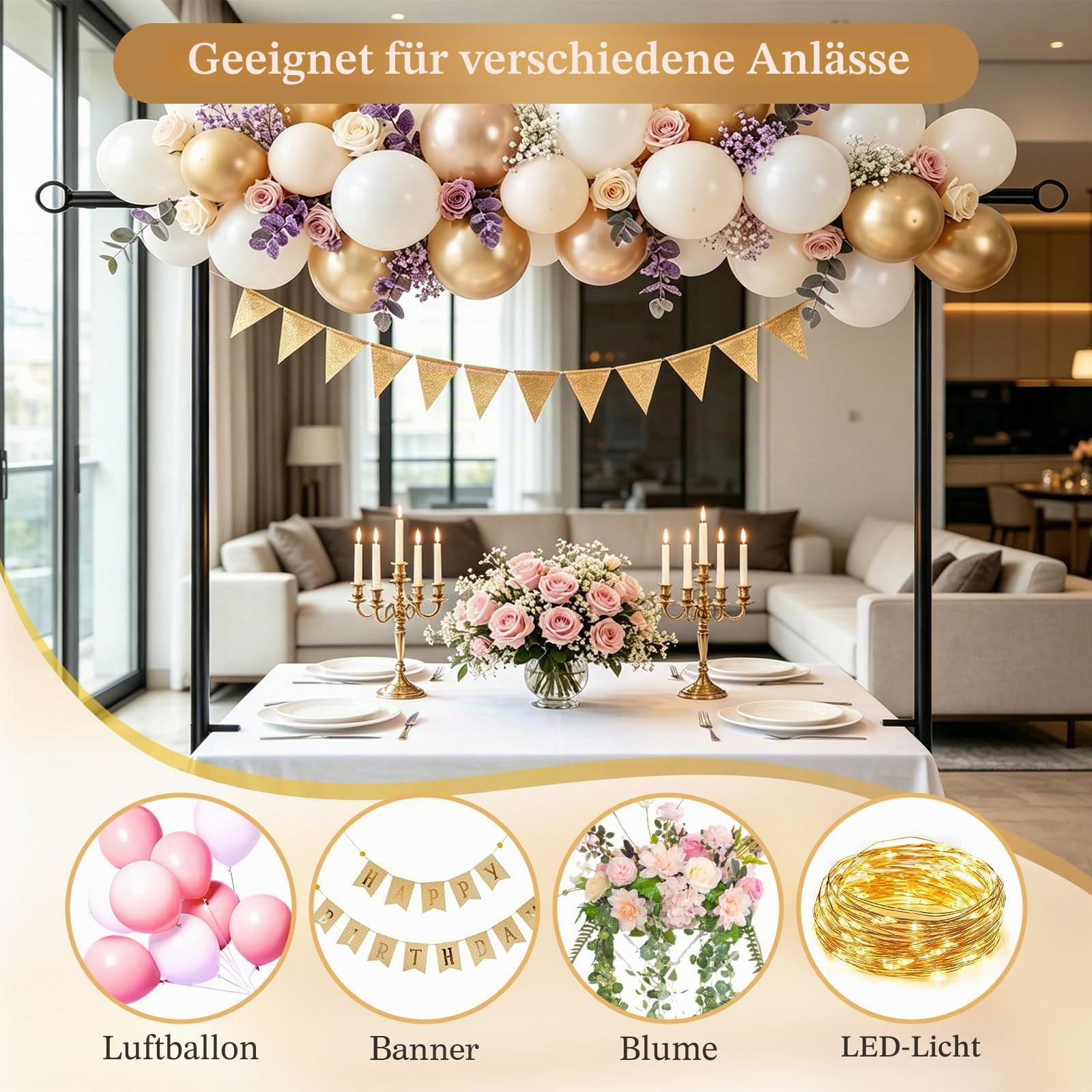 Tischstange Dekostange, QCGNIUI Metall Verstellbar Tischbogen mit Klemmen 40CM-120CM Hoch 80CM-250CM Länge Tischgestell Ballonständer für Hochzeit, Geburtstag, Party, Abschlussfeier
