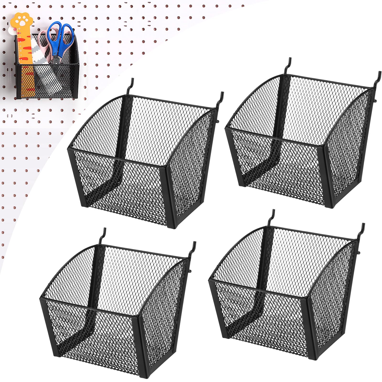 Skybooly 4 Pack Pegboard Baskets Metal Wire Storage Basket Hanging Wall Mount Bins Containers Accessories for Office Workshop Organizing Tools Stationery(Black)