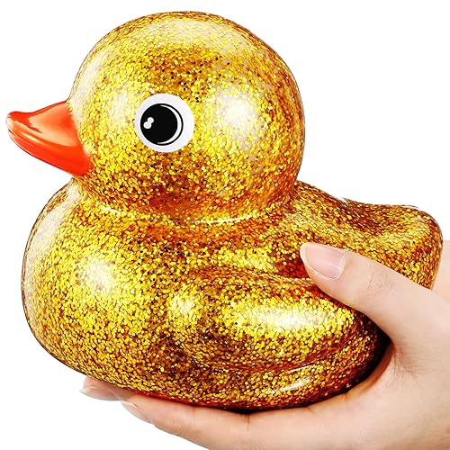 Honoson 6.89 Inch Giant Glitter Rubber Duck Big Glitter Rubber Duck Large Sparkly Duckling Bath Toy with Squeaky Sound for Summer Baby Shower Birthday Party Favor Gift(Gold) - Gold