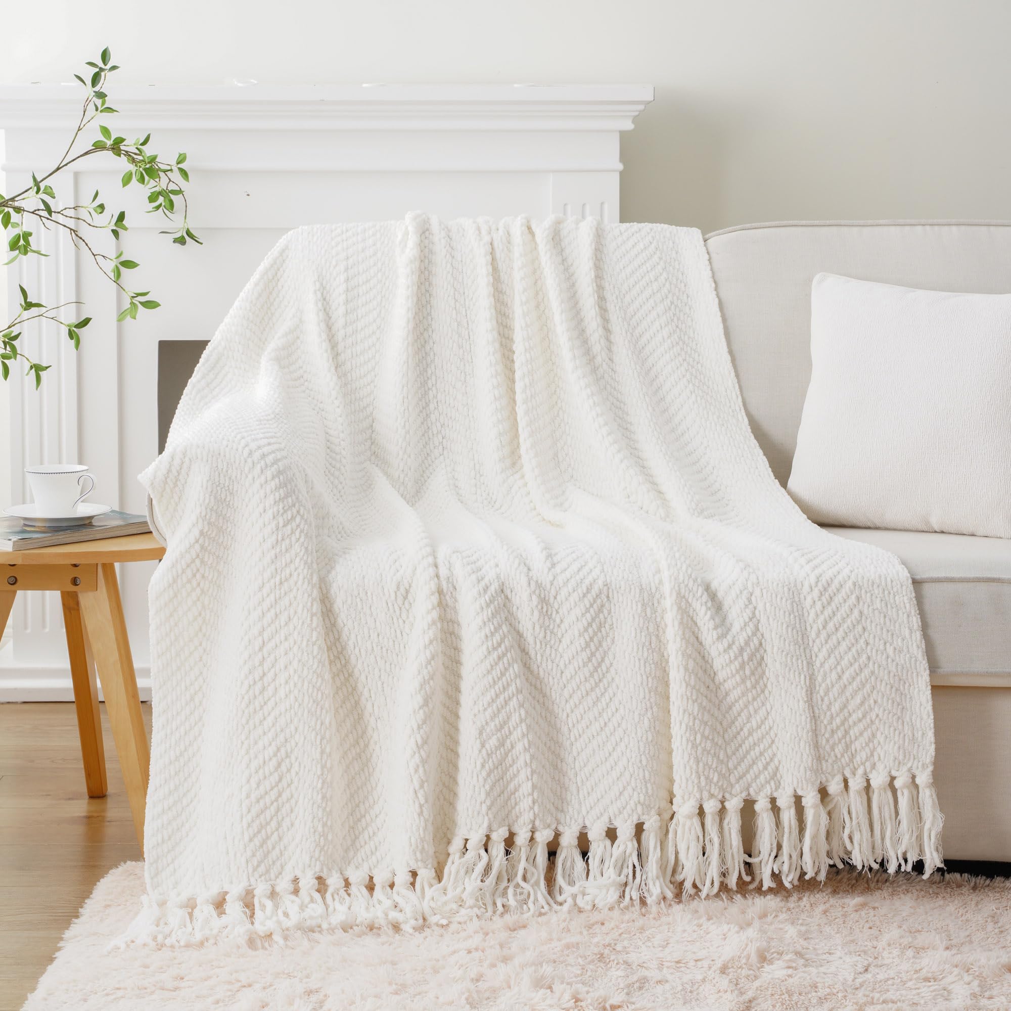 Manta color crema para sofá, manta de punto texturizado con borlas, funda de sofá, manta blanca decorativa cálida para sofá sala de estar, 60 x 80 pulgadas 2