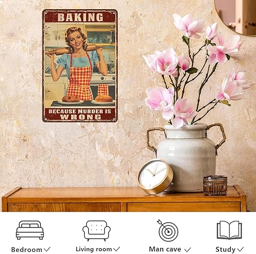 Miniatura 5 de Letrero de hojalata retro para mujer, con texto en inglés "Baking Because Murder is Wrong", divertido rústico, decoración de pared, arte de pared,
