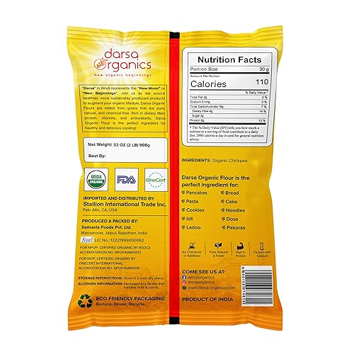 Miniatura 3 de Darsa Organics Harina de garbanzos, 2 libras  Harina de garbanzo de grado prémium certificada por USDA Orgánico, Besan para cocinar, Chane Ka Atta,