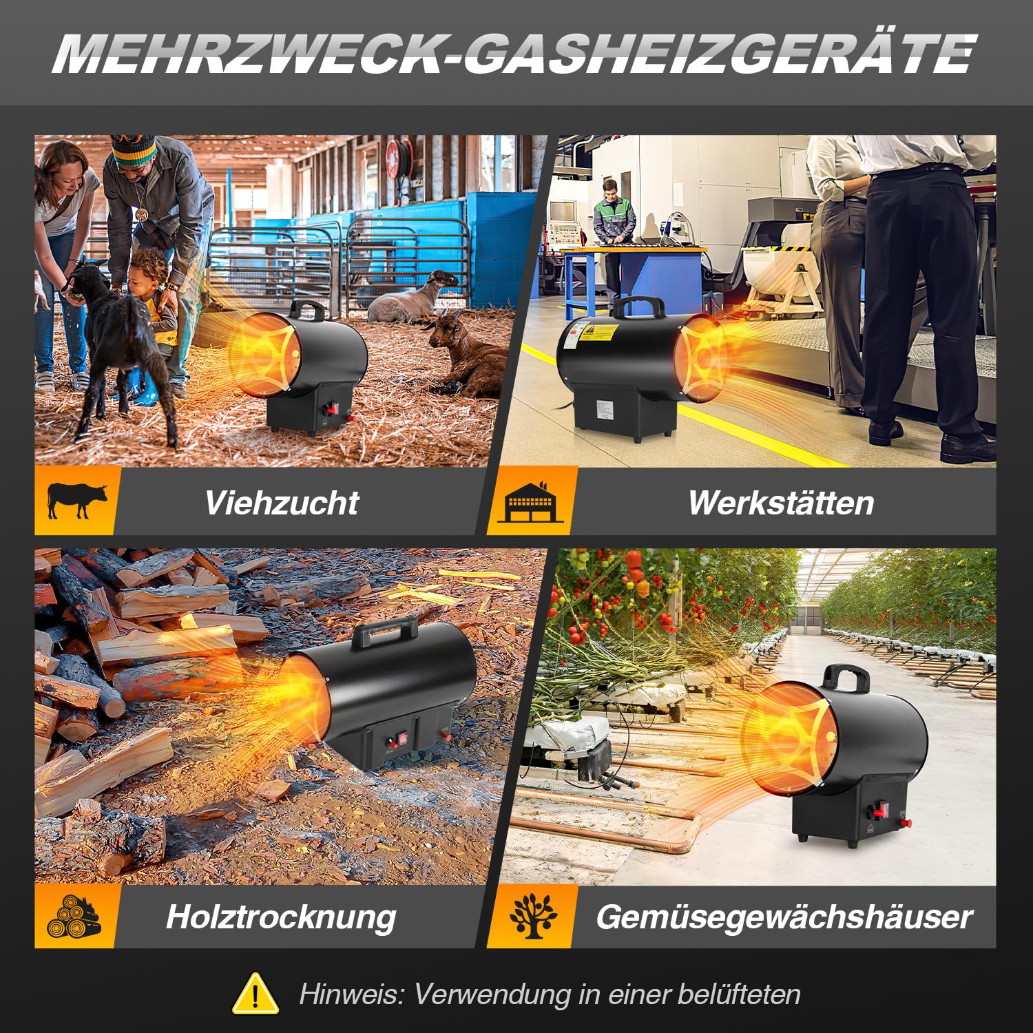 Gasheizgebläse 10KW, Gasheizer Luftdurchsatz Luftdurchsatz 320 m³/h, Heizkanone inkl. Gasschlauch, Druckminderer & Überhitzungsschutz