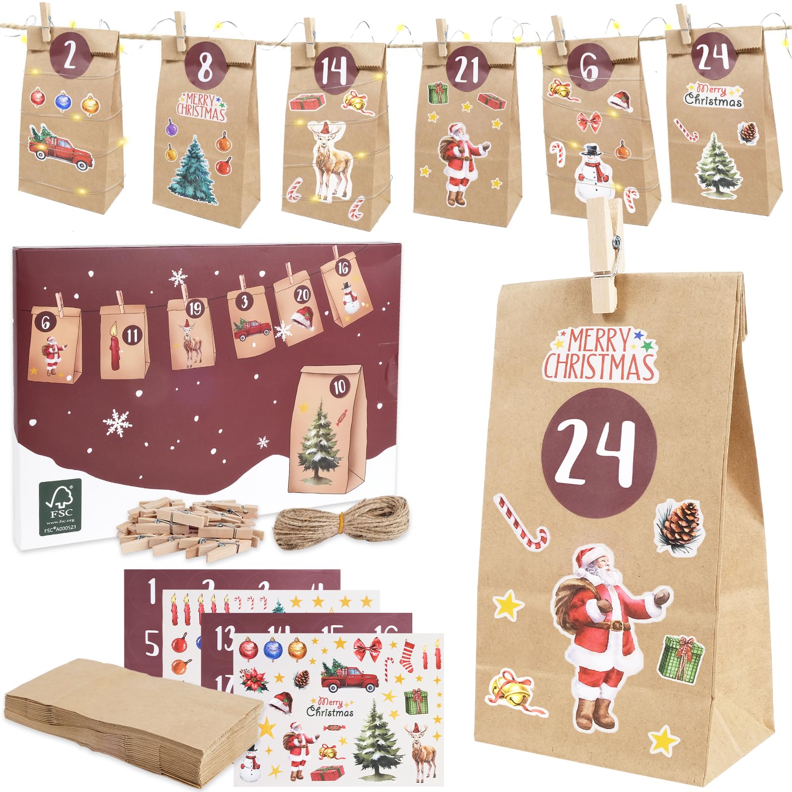 RUBY Adventskalender zum Befüllen, 24 DIY Adventskalender zum Befüllen mit Aufkleber Weihnachten, Jute-Schnur und Holzklammern, zum Weihnachten Geschenke Machen Küche, Haushalt & Wohnen