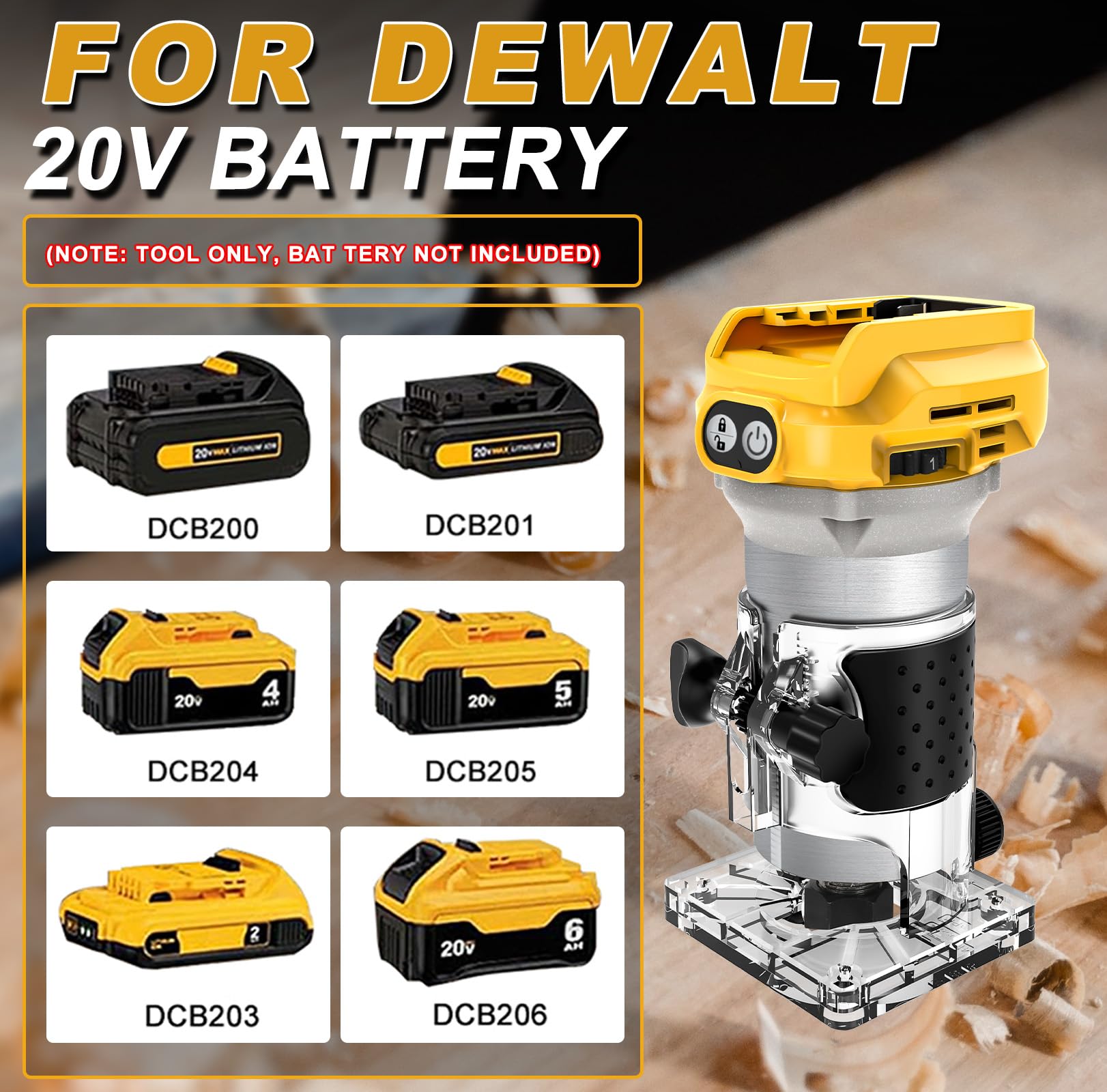 WingFly Akku Kantenfräser für Dewalt 18V,20v Batterien, Oberfräse Bürstenloser Tragbarer Handfräser für die Holzbearbeitung, Akku Holztrimmer mit 15 Stück Fräser Set