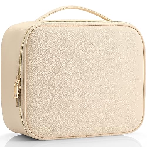 Miniatura 7 de Vlando Bolsa de maquillaje de viaje de piel sintética, bolsa de maquillaje grande, organizador de cosméticos, bolsa de viaje de maquillaje portátil