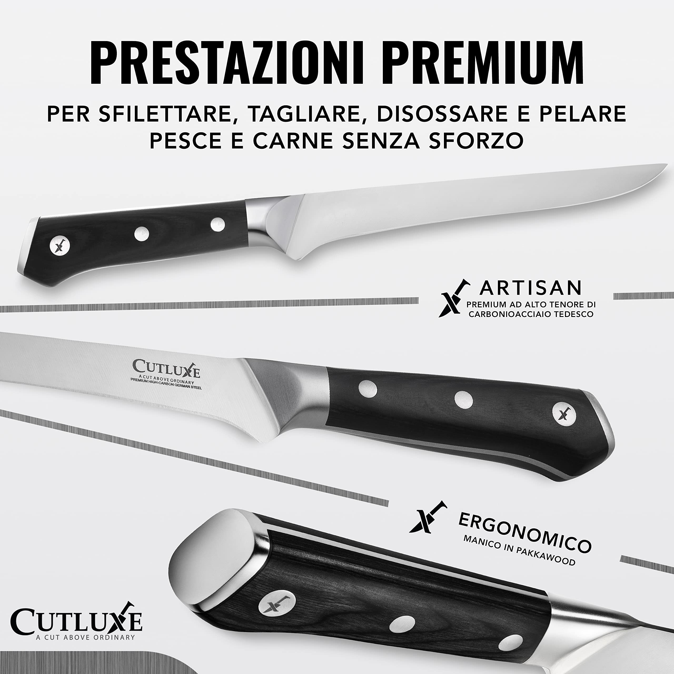 Cutluxe Coltello da Disosso Professionale, 15cm, Coltello per Sfilettare Pesce e Carne, Acciaio al Carbonio, Lama Affilata e Resistente, Artisan Series