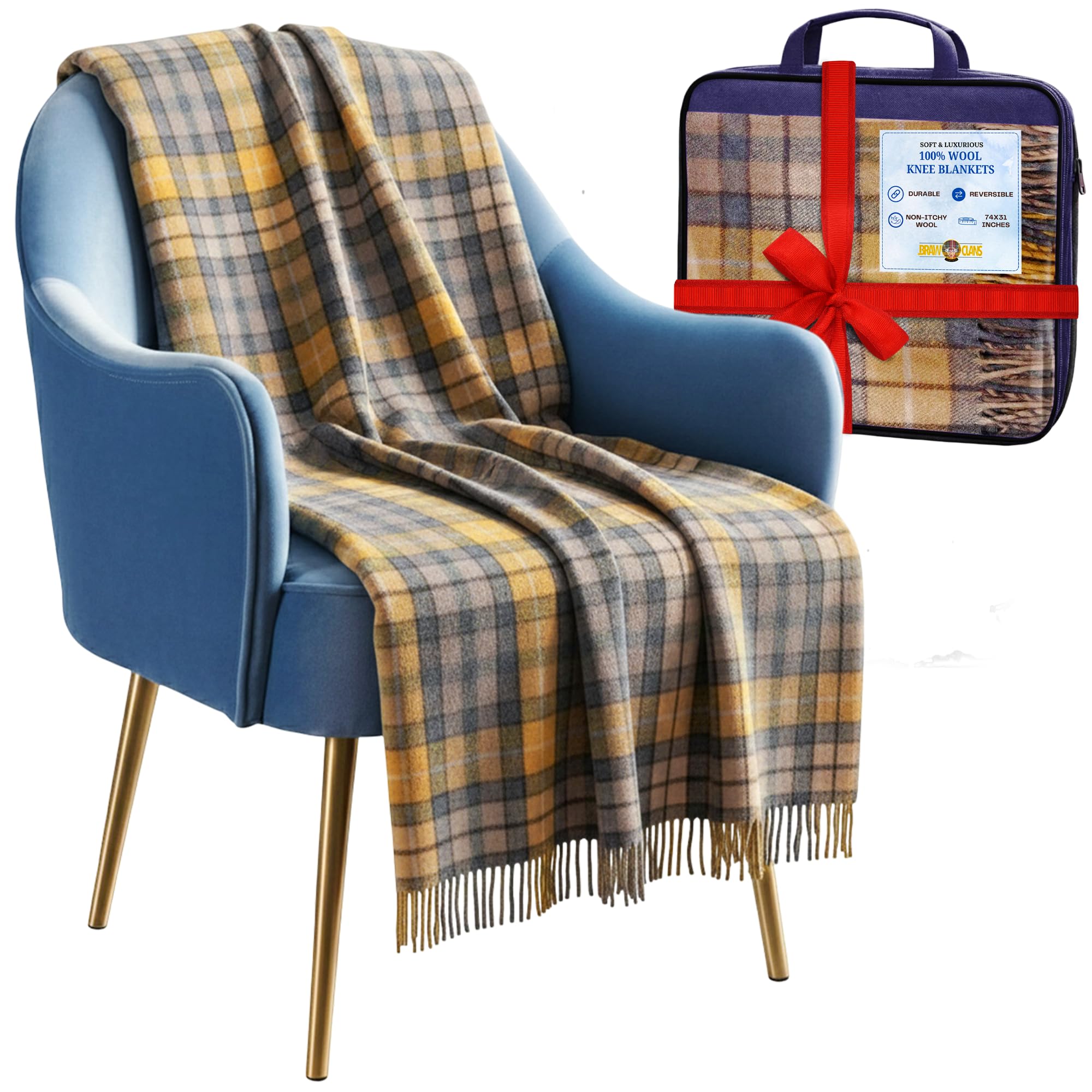 100% Pure Wool Knee blankets for elderly, Adults - 74x31" - Scottish tartans - Fringed edges, check Cosy sofa throws - Reading, Wheel chair, Travel - winter Blanket (Buchanan Natural Tartan)