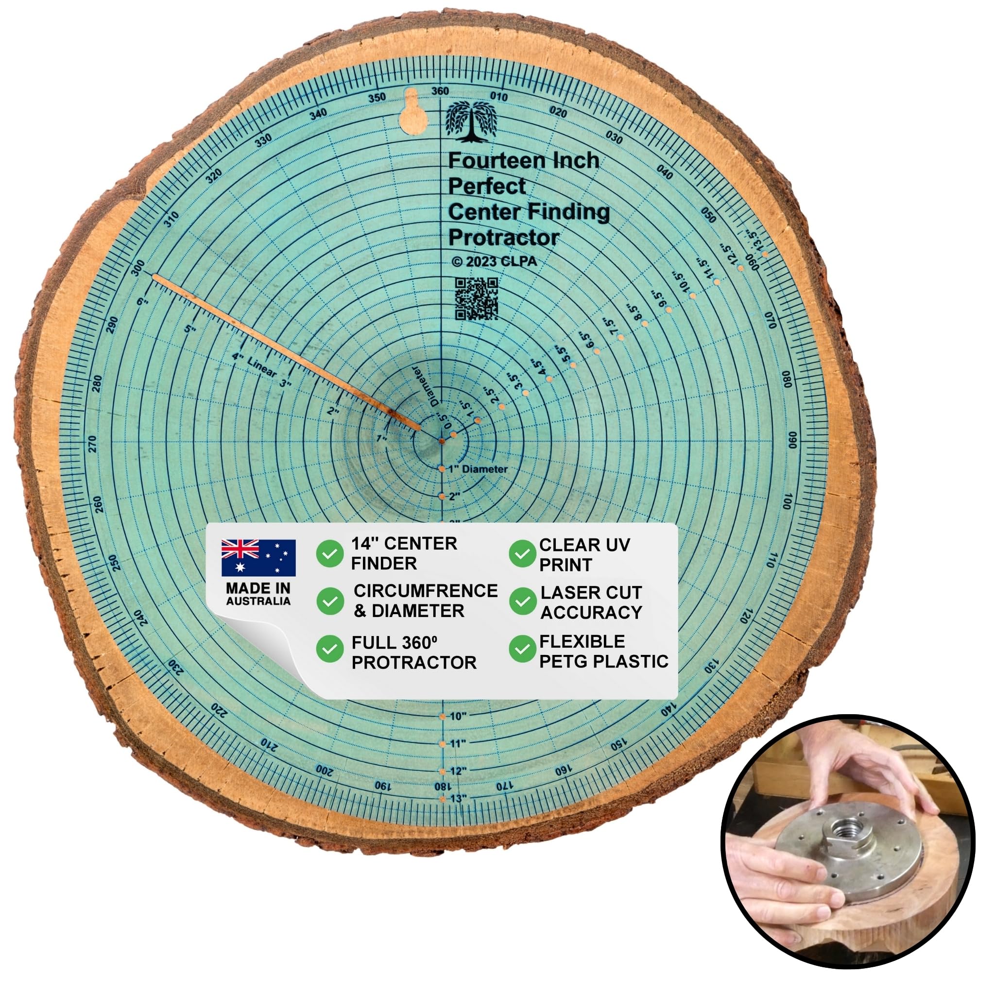 14" Circle Centre Finder Tool — Round Centre Finder for Woodturning — Protractor, Circle Maker and Dowel Centre Finder — Clear PETG — Made in Australia