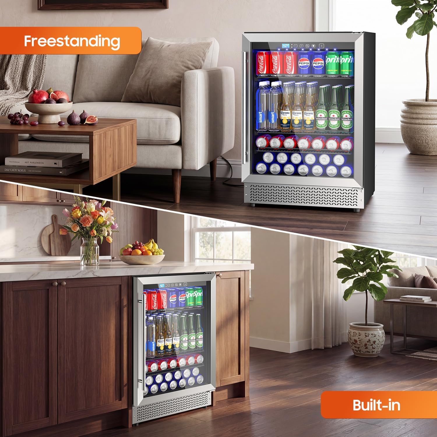 24’’ Beverage Refrigerator, 180 Cans Under Counter Refrigerator with Reversible Door, Built-in or Freestanding Drink Fridge with Glass Door & LED Light for Soda, Beer or Wine – Kitchen, Bar, Office