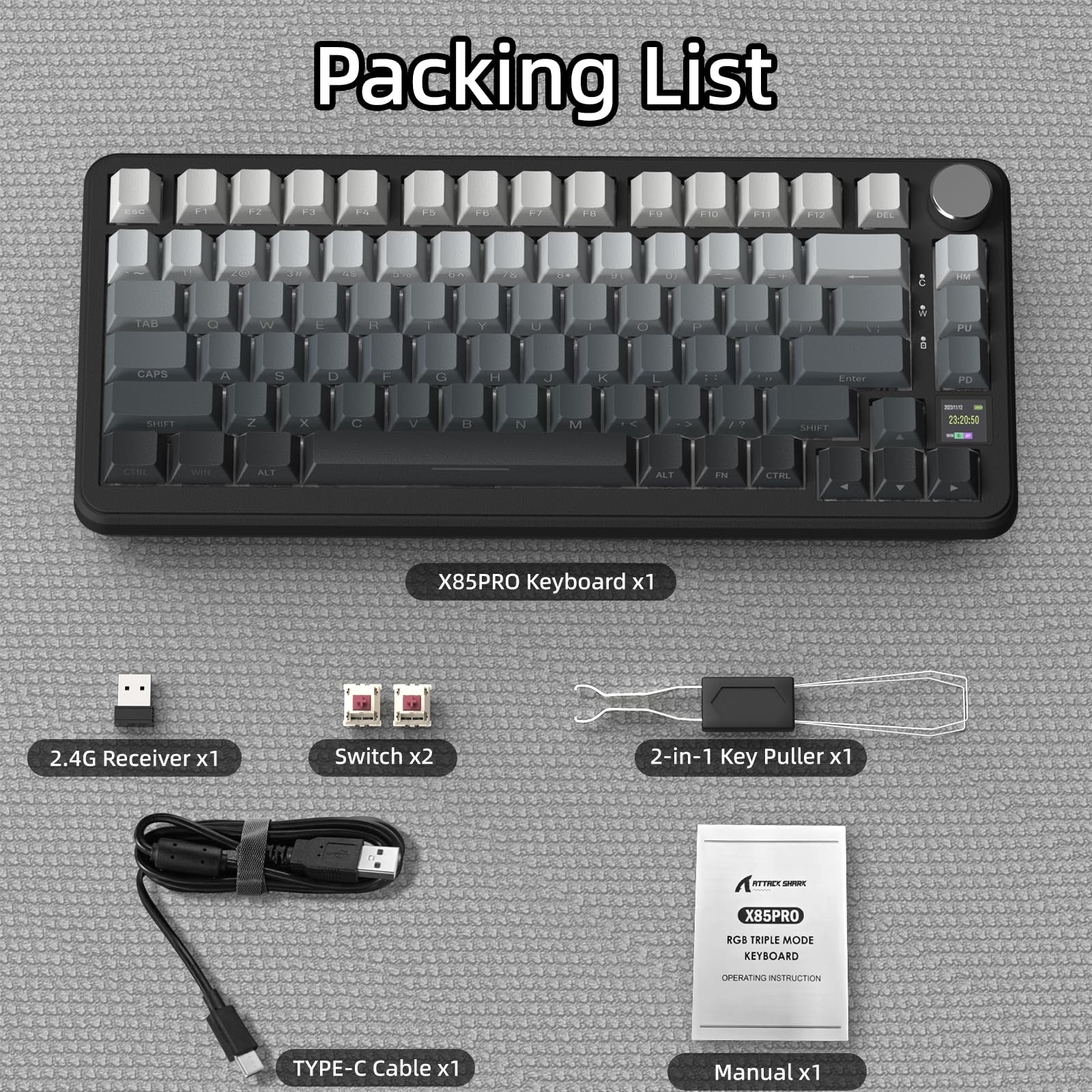 ATTACK SHARK X85PRO Teclado mecánico inalámbrico con Pantalla TFT y Perilla, Teclado para Juegos montado en Junta 75% QMK, 2.4G/BT/USB-C, Intercambiable en Caliente, 4000mAh, RGB (Notte di Luna)