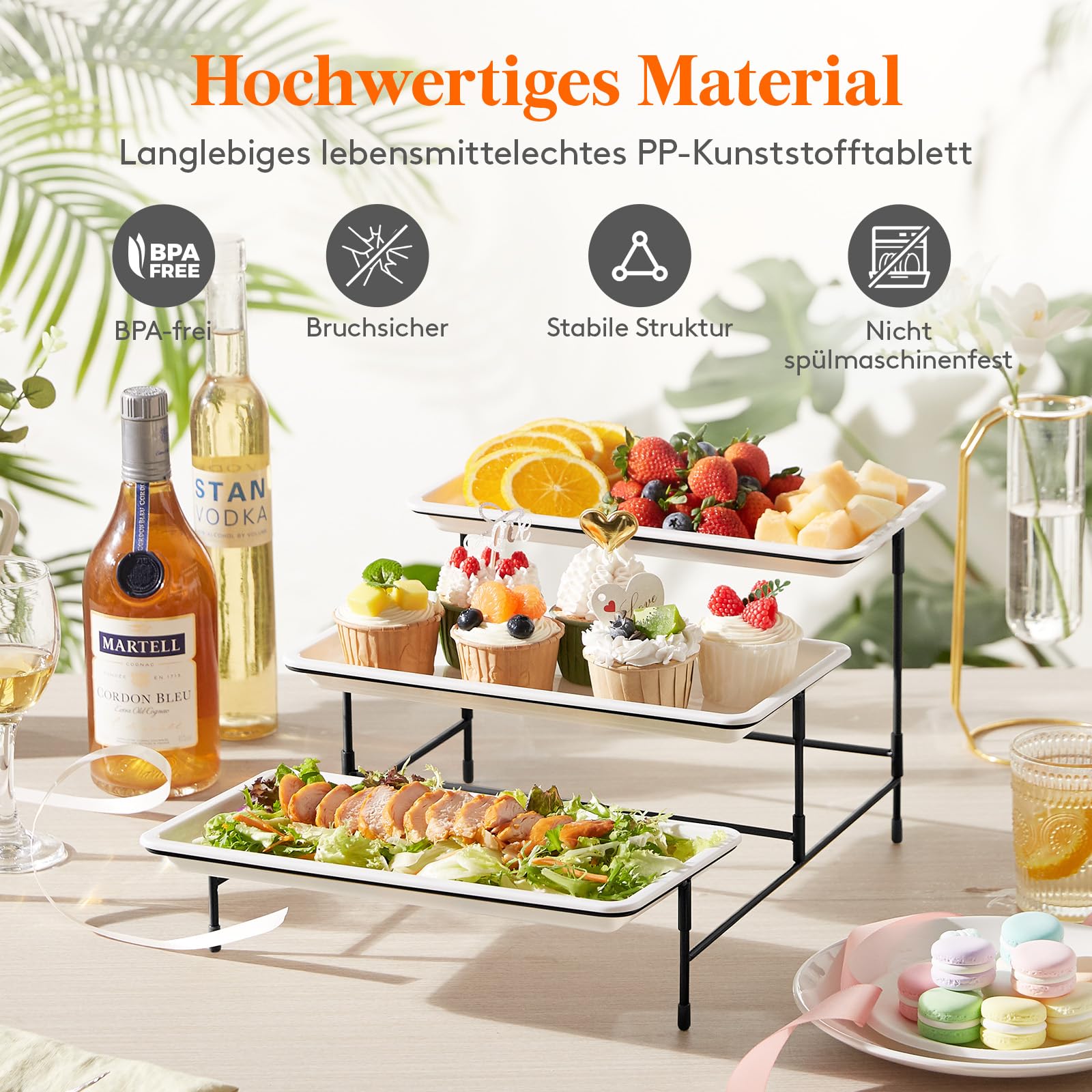 Lifewit Etagere 3 Etagen mit 30 x 17 cm Kunststoff Servierplatte, 3-stufiges Tablett Serviertablett Servierteller mit Klappbarer Schwarzem Metallregal, Buffet Party Zubehör für Gemüse/Obst/Kekse/Torte