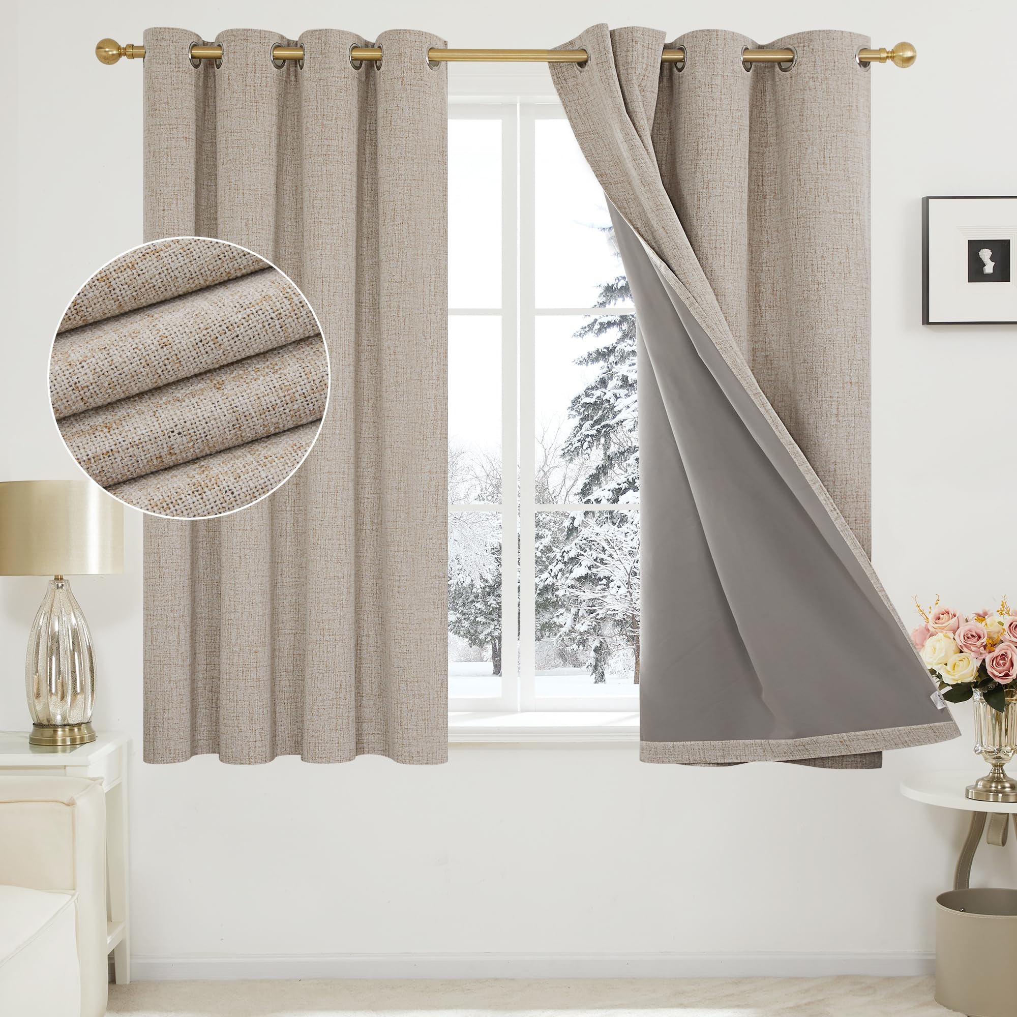 Deconovo 100% Blackout Thermal Curtains with Coating, Faux Linen Energy Saving Room Darkening Eyelet Curtains fot Kids Room