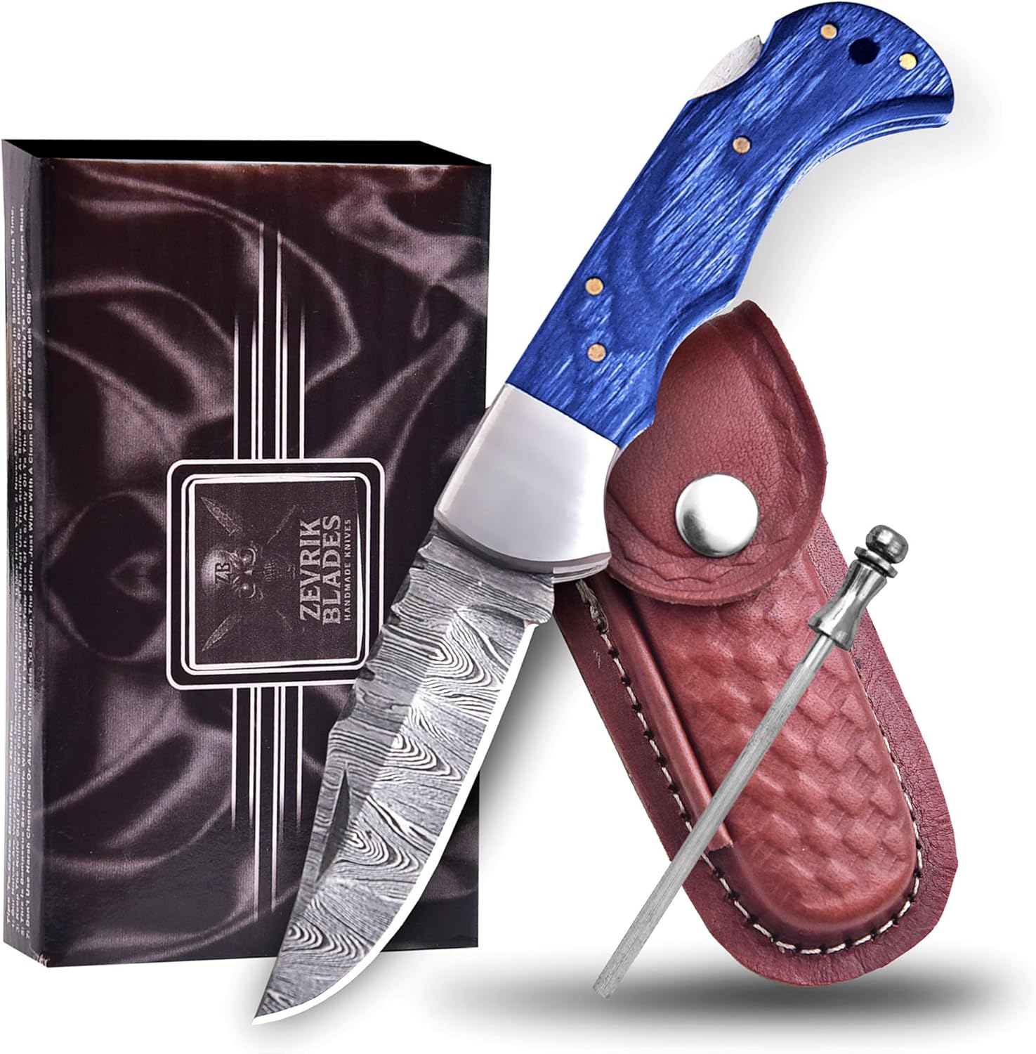 6.5 Inch Handmade Damascus Folding Knife for Men with Blue Handle – Back Lock Utility Knife with Leather Sheath for Camping, Hiking & Outdoor Use