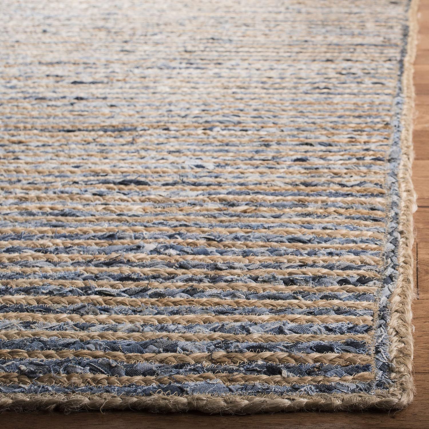 Ripaz - Stuoia Tappeto Rettangolare in Juta con Tessuto in Denim Intrecciato a Mano, 150 x 210 cm