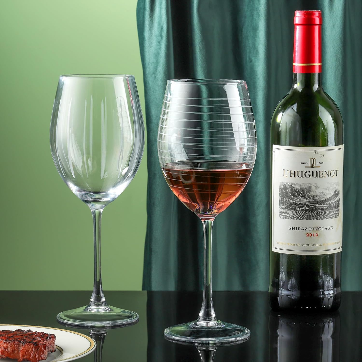 Joeyan Hand Blown Etched Red and White Wine Glasses,Stemmed Glasses with Stripes and Dots Pattern,Clear Carved Long Stem Glassware Set for Wine Tasting Birthday Anniversary Wedding,19 oz,Set of 4 - Image 3