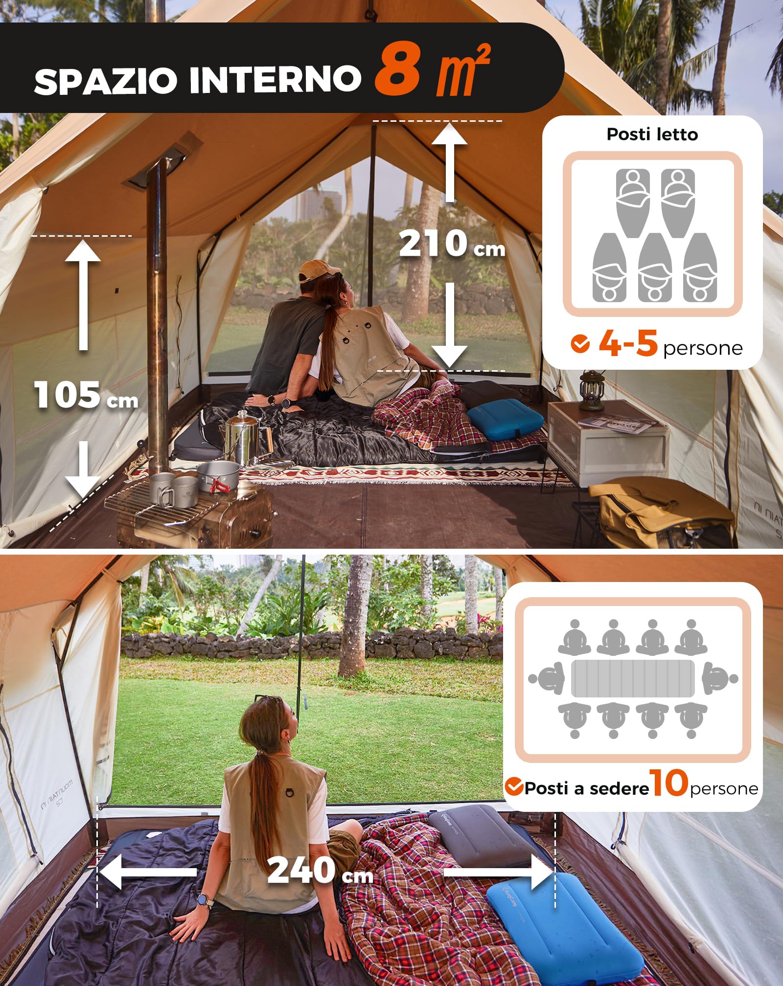 KingCamp 4-5 Persone Tenda,8㎡ Tenda Casa con Apertura Camino & Porta AC,Tenda Impermeabile 210g TC, 2 Porte 4 Finestre, con Copertura Ignifuga, Tenda 4 stagioni,per Campeggio Famiglia