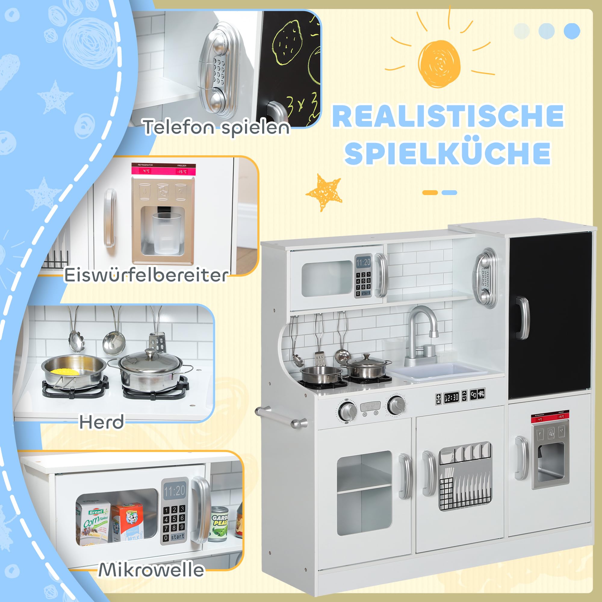 AIYAPLAY Cucina gioco per bambini con lavello lavagna 3-8 anni Bianca