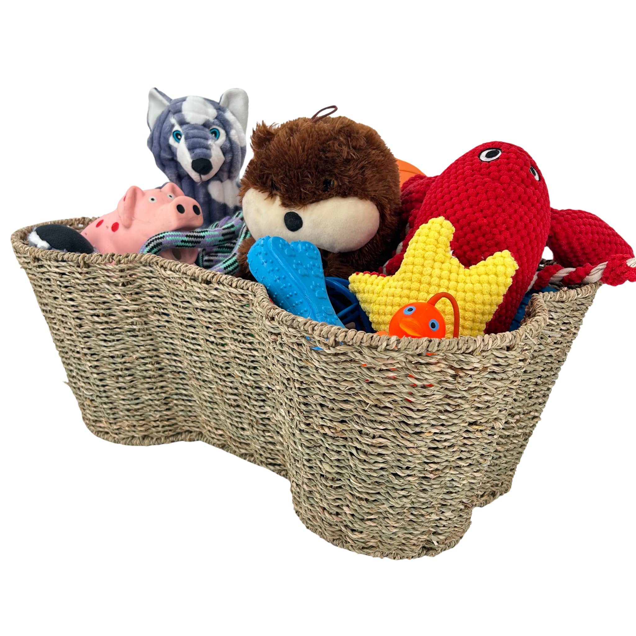 OtterPets Dog Toy Basket, Seagrass Bone Shaped Dog Toy Bin, Handmade Pet Organizer And Storage, Toy Box for Cats (Large (22x14))