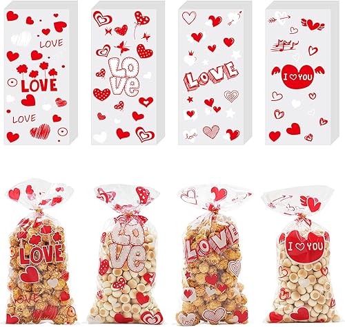 ONFAON Bolsas de regalo de San Valentín, 180 bolsas de dulces de San Valentín con 200 piezas de torsiones para aperitivos, galletas y dulces, bolsas