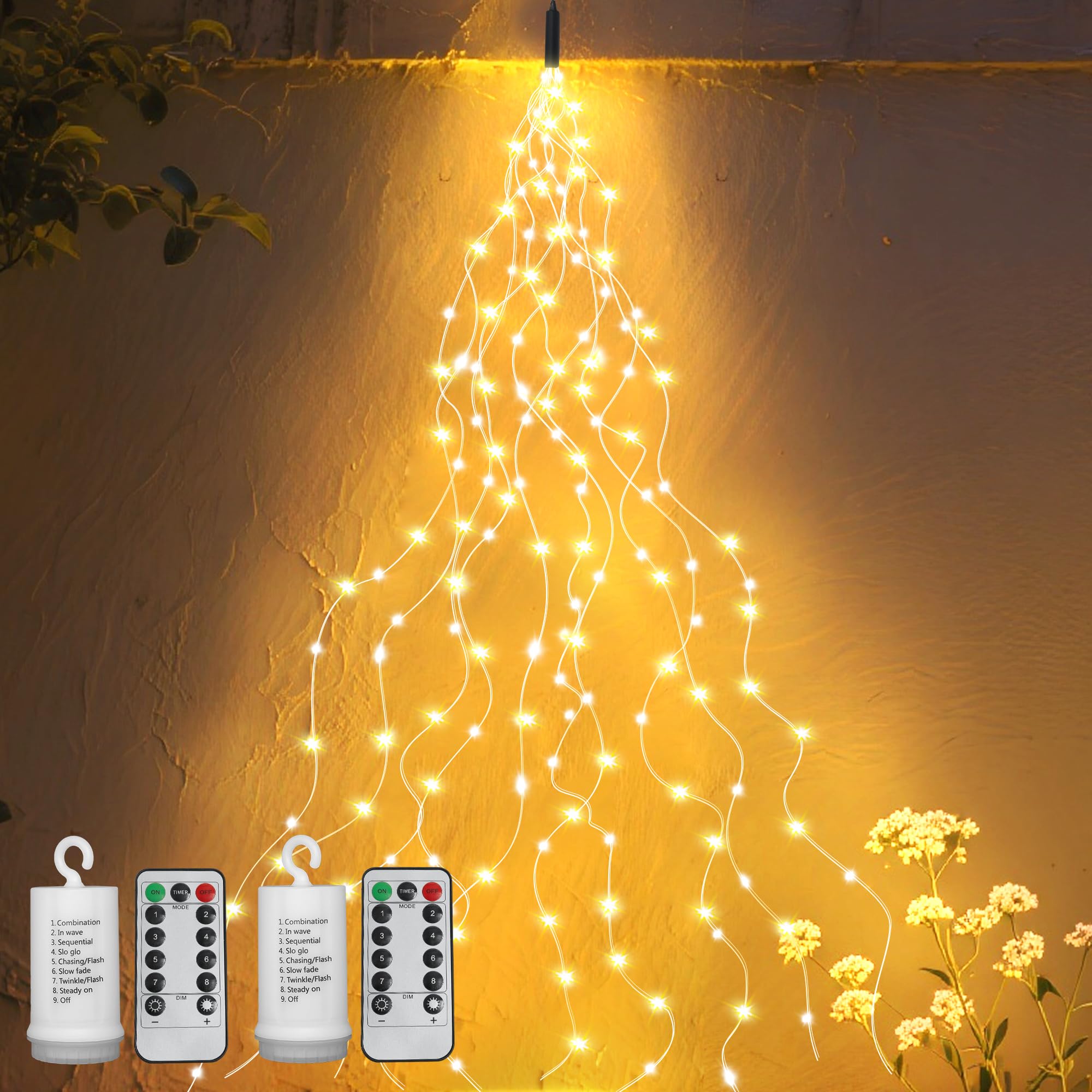 VOOKRY 2 Pack Battery Operated Fairy Lights with Timer, Waterproof Waterfall Flash Lights 8 Modes 10 Strands 200 LEDs Hanging Vine String Lights with Remote for Outdoor DIY Watering Can Lights