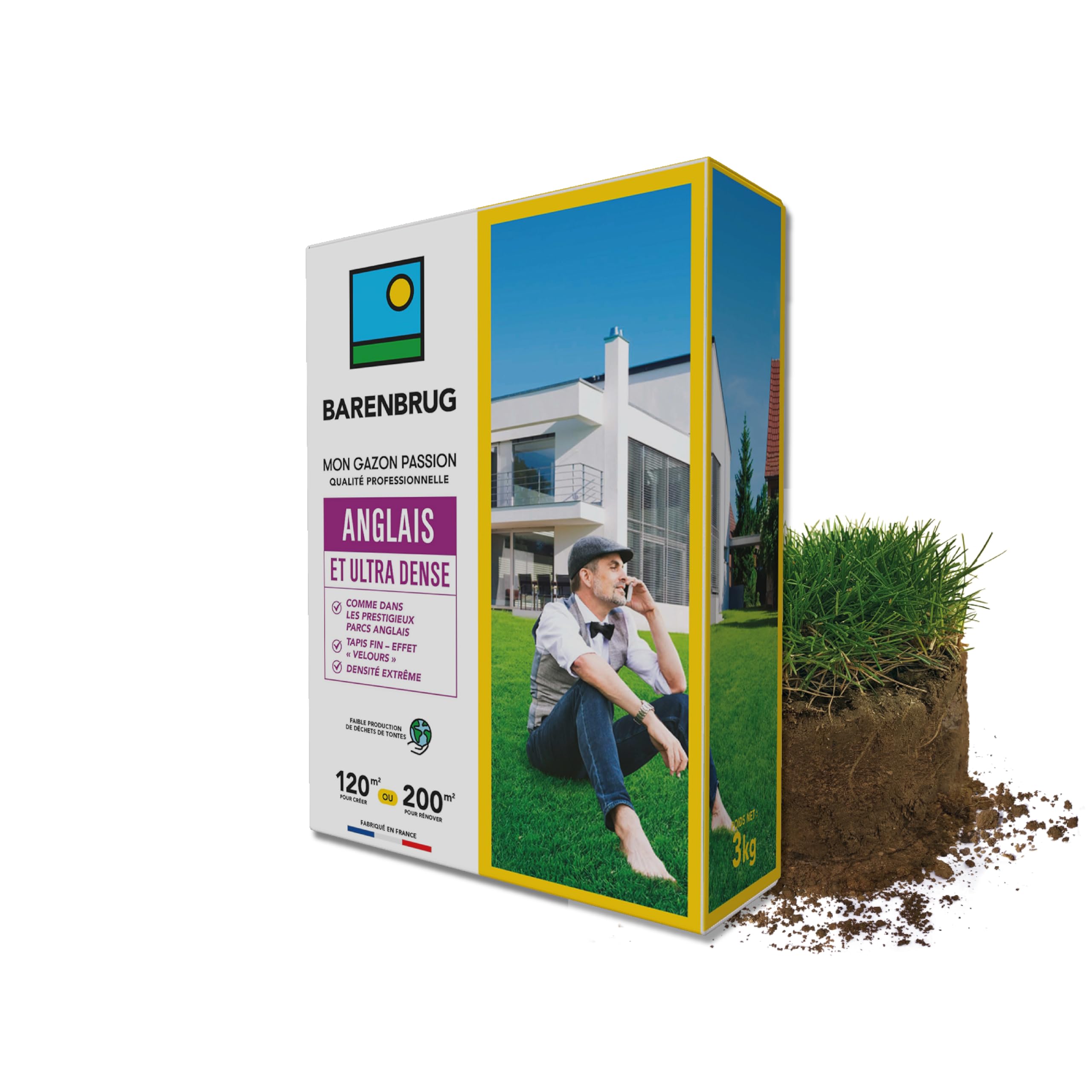BARENBRUG - Gazon Anglais et Ultra dense - Aspect Prestigieux Parcs Anglais - Tapis Dense Effet velours - Densité Extrême - Faible Production de Déchets de Tonte - Fabriqué en France - 3KG