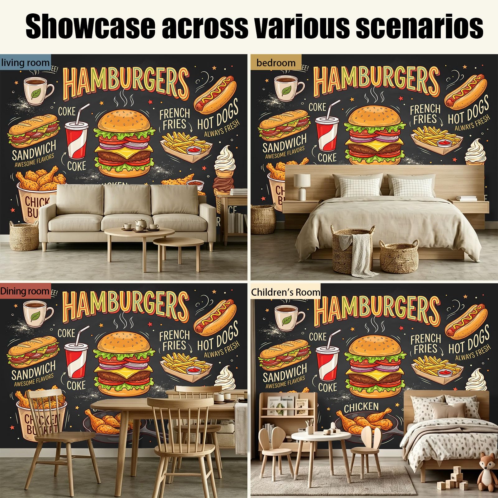 Fototapeta z motywem żywności, czarna, olbrzymi burgery i fast food, w amerykańskim stylu, tapeta z włókniny, nowoczesna tapeta ścienna, kuchnia, dekoracja ścienna, tapeta z motywem, 250 x 175 cm