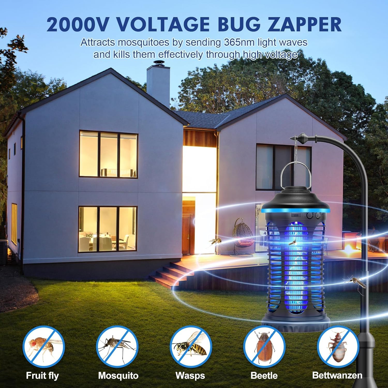 Insektenvernichter Elektrischer, 2 IN 1 Insektenfalle, 2000V Mückenlampe Elektrische Fliegenfalle mit LED-Licht, 4000 mAh Tragbarer USB-Anschluss Mückenfalle, Geeignet für Drinnen und Draußen