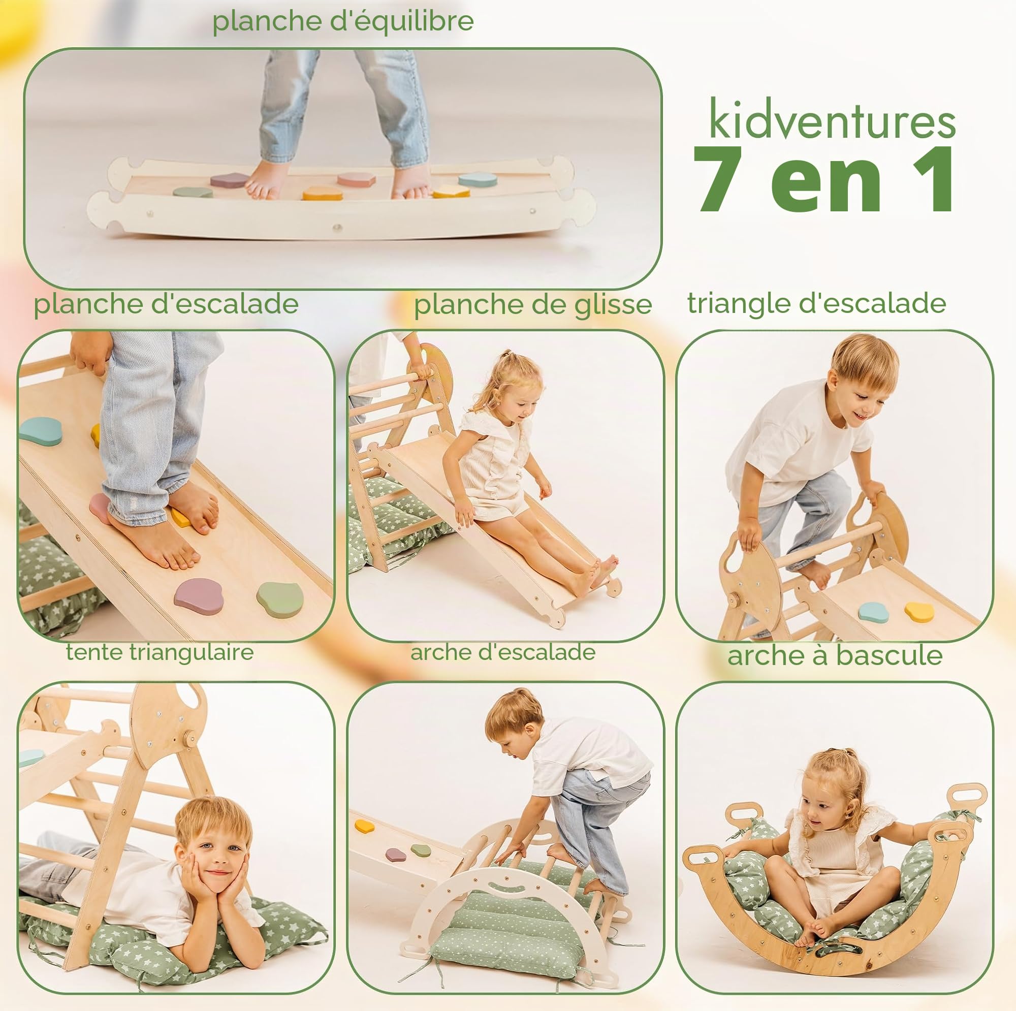 Goodevas Montessori Kit d'escalade 5 en 1 : triangle d'escalade d'intérieur, arche d'escalade avec coussins et toboggan pour enfants, aire de jeux d'intérieur de 1 à 3 ans