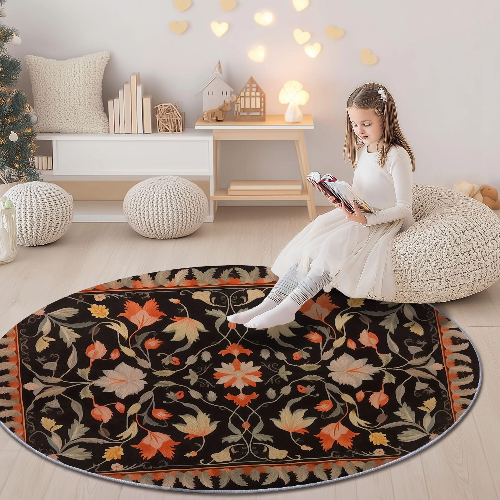 Tapis rond 200 cm lavable en machine motif fleurs bohème orange