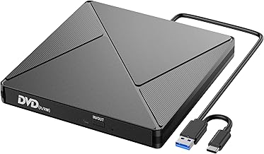 Lecteur CD/DVD Externe pour PC, USB 3.0 et USB-C Graveur DVD Externe Optique Portable CD/DVD -/+RW Drive, Mince DVD Player Transmission Rapide Câble USB Intégrée pour Windows/MacOS/Laptop/Desktops