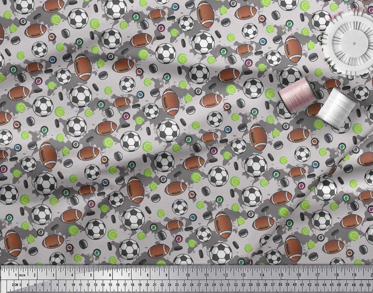 Soimoi Silk Grey Fabric - by The Yard - 42 Inch Wide - Cricket Ball, Rugby & Football Sports - Tri-Sport Extravaganza with Cricket Ball, Rugby, and Football Prints Printed Fabric